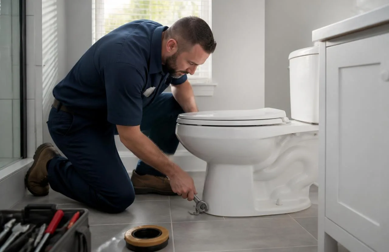 Licensed Phoenix plumber installing a new toilet in a home bathroom